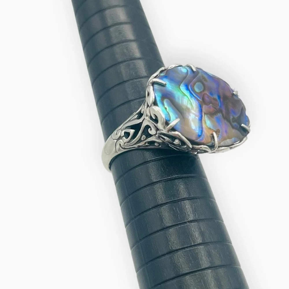 G 925 Sterling Silver Ring Large Abalone Paua Shell Scrollwork Raised Sz 7.75